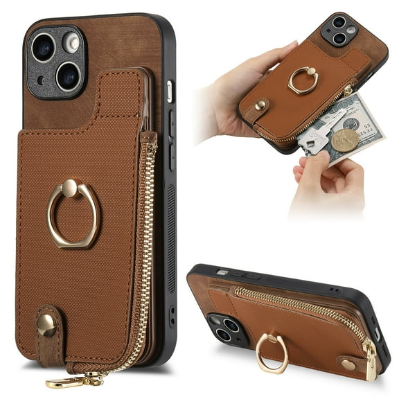 Dteck for Apple iPhone 12 Zipper Wallet Case, Shockproof with Card Holders Flip Premium PU Leather Card Slots with 360°Rotation Ring Stand Protective Phone Cover, brown