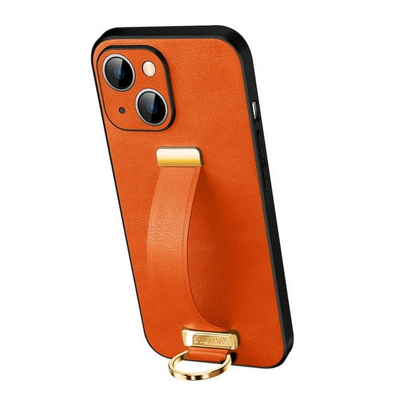 Dteck for Apple iPhone 13 Case with Hand Strap Holder, Shockproof Premium PU Leather Slim Flip Protective Case Adjustable Wristband Stand Ring Cover, orange
