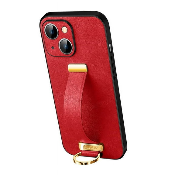 Dteck for Apple iPhone 13 Case with Hand Strap Holder, Shockproof Premium PU Leather Slim Flip Protective Case Adjustable Wristband Stand Ring Cover, red