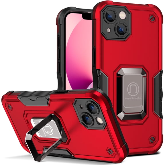 Dteck for Apple iPhone 13 Case with Kickstand & Camera Protection, Built-in Ring Stand Holder Supports Magnetic Car Mount Military Grade Protective Phone Case Cover, Red