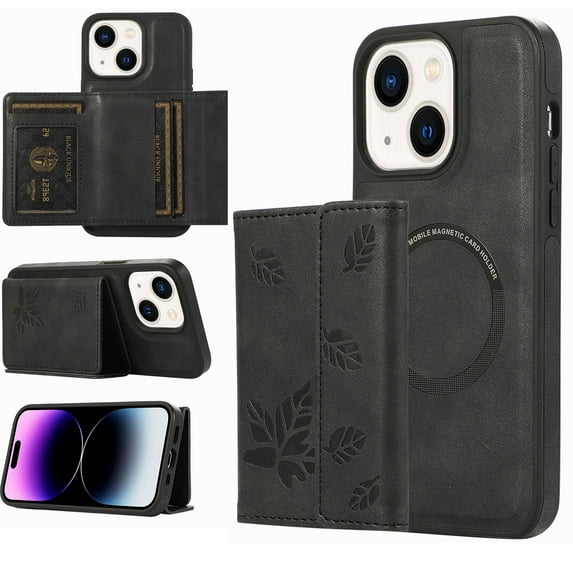 Dteck for Apple iPhone 13 Detachable Wallet Case, Shockproof Embossed with Card Holders for Women Men Magnetic PU Leather RFID Blocking Flip Kickstand Cover, black