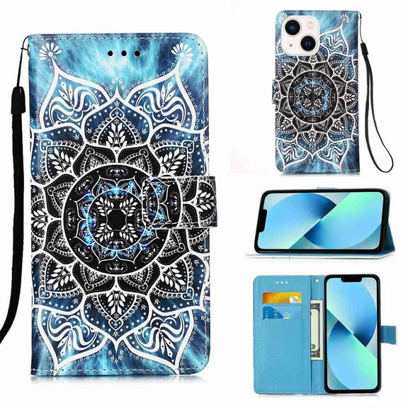 Dteck for Apple iPhone 13 Mini Case with Card Holder Magnetic 3D Painted Flip Wallet Case Protective Cover with Kickstand Wrist Strap Cover for iPhone 13 Mini, 16# Flower