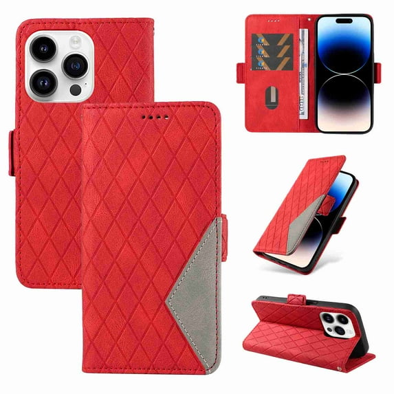 Dteck for Apple iPhone 13 Pro Case with Wrist Strap, Shockproof Splicing Luxury PU Leather Flip Wallet Magnetic Kickstand Money Pouch Folio TPU Bumper Protective Cover, red