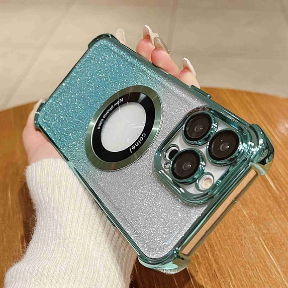 Dteck for Apple iPhone 13 Pro Glitter Phone Case, Shockproof Magnetic Plating 2 in 1 Gradient Bling Paper Clear Back Soft Rubber Slim Lightweight for Women Girls Shiny Bumper Cover, green