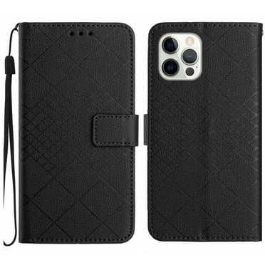 Dteck for Apple iPhone 13 Pro Magnetic Case, Premium PU Leather Folio Flip Wallet Case with Card Holder Cash Slot Lanyard Strap Kickstand Function Embossed Pattern Slim Shockproof Cover, black