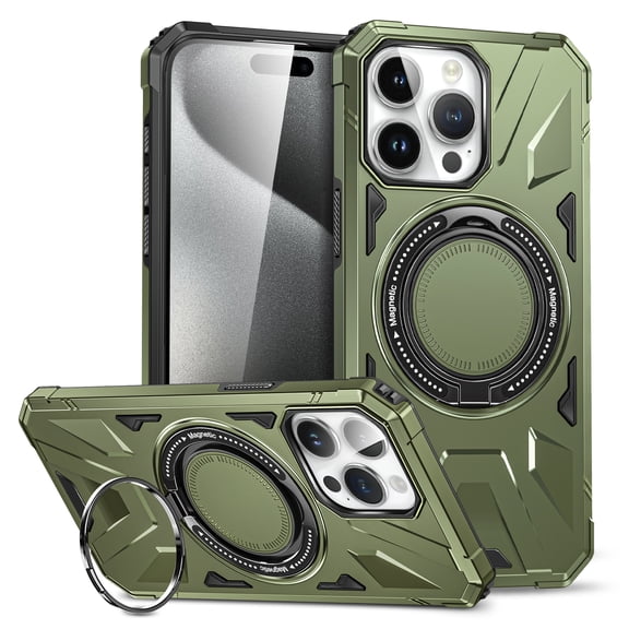 Dteck for Apple iPhone 13 Pro Magnetic Rugged Case, Shockproof Heavy Duty Military Anti-Slip Scratch Resistant Ring Stand Ultra Slim Hard PC Magnetic Rugged Protective Armor Cover, darkgreen