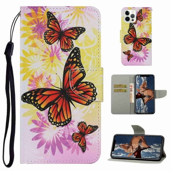 Dteck for Apple iPhone 13 Pro Max Case with Card Holder Magnetic 3D Painted Flip Wallet Case Protective Cover with Kickstand Wrist Strap Cover for iPhone 13 Pro Max, 11# Flower Butterfly