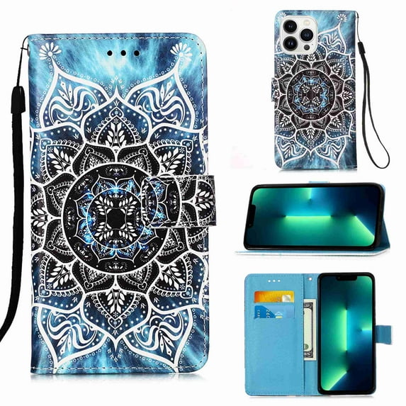 Dteck for Apple iPhone 13 Pro Max Case with Card Holder Magnetic 3D Painted Flip Wallet Case Protective Cover with Kickstand Wrist Strap Cover for iPhone 13 Pro Max, 16# Flower