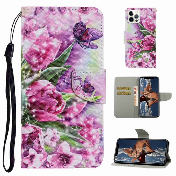 Dteck for Apple iPhone 13 Pro Max Case with Card Holder Magnetic 3D Painted Flip Wallet Case Protective Cover with Kickstand Wrist Strap Cover for iPhone 13 Pro Max, 1# Rose Butterfly