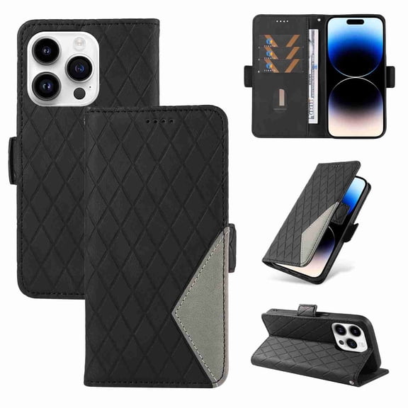 Dteck for Apple iPhone 13 Pro Max Case with Wrist Strap, Shockproof Splicing Luxury PU Leather Flip Wallet Magnetic Kickstand Money Pouch Folio TPU Bumper Protective Cover, black