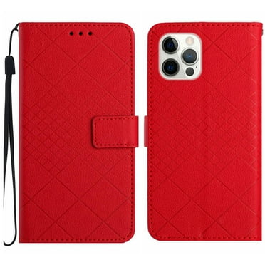 Dteck for Apple iPhone 13 Pro Max Magnetic Case, Premium PU Leather Folio Flip Wallet Case with Card Holder Cash Slot Lanyard Strap Kickstand Function Embossed Pattern Slim Shockproof Cover, red