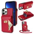 thumbnail image 1 of Dteck for Apple iPhone 13 Pro Max Zipper Pocket Case, Flip PU Leather Wallet Crossbody Shoulder Strap Lanyard Case with Credit Card Holder Women RFID Blocking Protective Purse Cover, red, 1 of 7