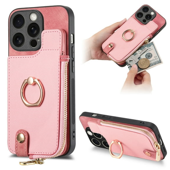Dteck for Apple iPhone 13 Pro Max Zipper Wallet Case, Shockproof with Card Holders Flip Premium PU Leather Card Slots with 360°Rotation Ring Stand Protective Phone Cover, pink