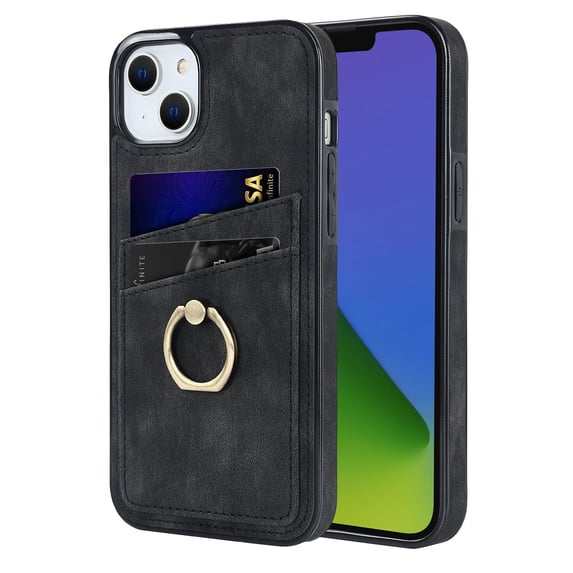 Dteck for Apple iPhone 14 2022 Case with Credit Card Holder Slots & Ring Stand Kickstand PU Leather and Soft TPU Shockproof Slim Fit Protective Phone Cover,Black