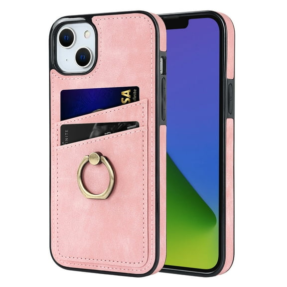 Dteck for Apple iPhone 14 2022 Case with Credit Card Holder Slots & Ring Stand Kickstand PU Leather and Soft TPU Shockproof Slim Fit Protective Phone Cover,Pink