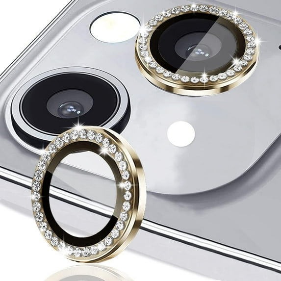 Dteck for Apple iPhone 14 3D Bling Diamond Ring Les Cover, Shockproof Drop Protection 9H Tempered Glass Camera Cover Metal Ring Case Friendly Scratch Resistant Camera Lens Protector, gold