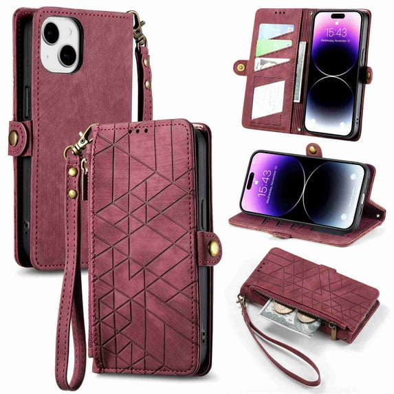 Dteck for Apple iPhone 14 Anti-scratch Case, Shockproof Vintage Premium PU Leather Wallet Flip Cover with Card Slots Magnetic Closure Kickstand Handbag with Hand Strap, red