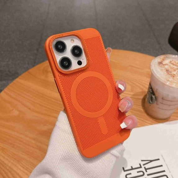 Dteck for Apple iPhone 14 Case Compatible with Magsafe, Breathable Cooling Hollow Cellular Hole Heat Dissipation Case Full Back Camera Lens Protection Ultra Slim TPU Cover, orange