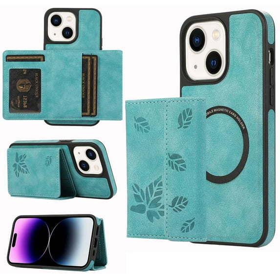 Dteck for Apple iPhone 14 Detachable Wallet Case, Shockproof Embossed with Card Holders for Women Men Magnetic PU Leather RFID Blocking Flip Kickstand Cover, green