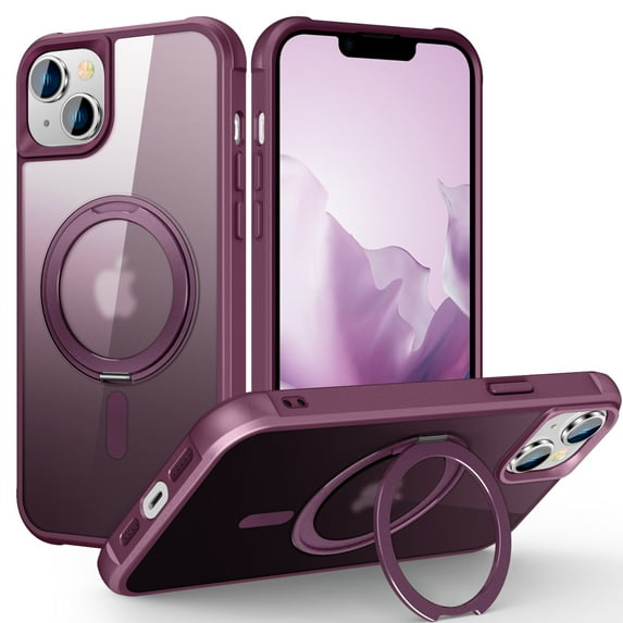 Dteck for Apple iPhone 14 with Magnetic Invisible Stand Military Drop Protection Case, Shockproof Compatible with MagSafe Slim Rugged Matte Ring Holder Holder Phone Case for Men Women, winered