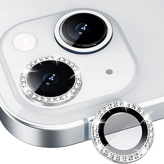 Dteck for Apple iPhone 14 Plus 3D Bling Diamond Ring Les Cover, Shockproof Drop Protection 9H Tempered Glass Camera Cover Metal Ring Case Friendly Scratch Resistant Camera Lens Protector, silver