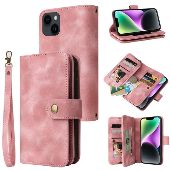 Dteck for Apple iPhone 14 Plus 6.7 inch Wallet Case for Women Men, Sturdy PU Leather Case Magnetic Flip Zipper 7 Cards Holder Wristlet & Shoulder Strap Kickstand Phone Case, Rosegold