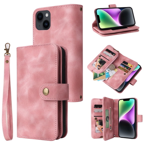 Dteck for Apple iPhone 14 Plus 6.7 inch Wallet Case for Women Men, Sturdy PU Leather Case Magnetic Flip Zipper 7 Cards Holder Wristlet & Shoulder Strap Kickstand Phone Case, Rosegold