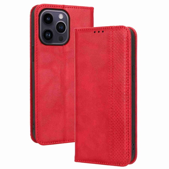 Dteck for Apple iPhone 14 Pro 5G RFID Blocking Card Slots Holder Premium PU Leather Magnetic Kickstand Shockproof Removable Flip Protective Cover, Red