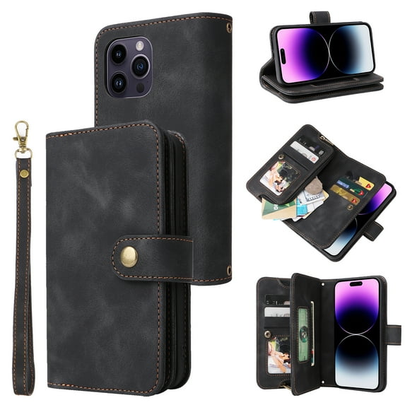 Dteck for Apple iPhone 14 Pro 6.1 inch Wallet Case for Women Men, Sturdy PU Leather Case Magnetic Flip Zipper 7 Cards Holder Wristlet & Shoulder Strap Kickstand Phone Case, Black