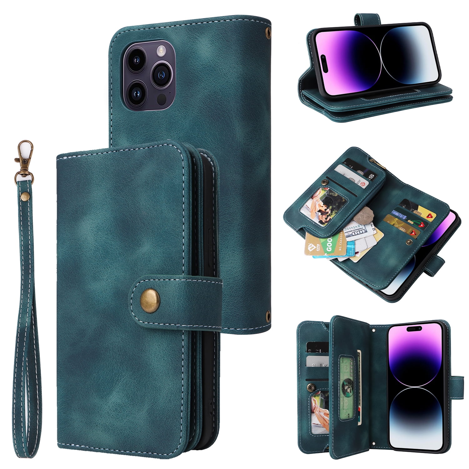 Dteck for Apple iPhone 14 Pro 6.1 inch Wallet Case for Women Men, Sturdy PU Leather Case Magnetic Flip Zipper 7 Cards Holder Wristlet & Shoulder Strap Kickstand Phone Case, Blue