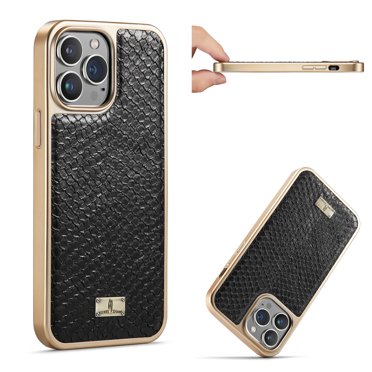 Dteck for Apple iPhone 14 Pro Max 6.7 inch Cover 2022 [Anti-slip Snake Skin] PU Leather + Electroplated Metal Frame Hybrid All-inclusive Protection Shockproof Ultra Thin Slim Lightweight Cover, Black