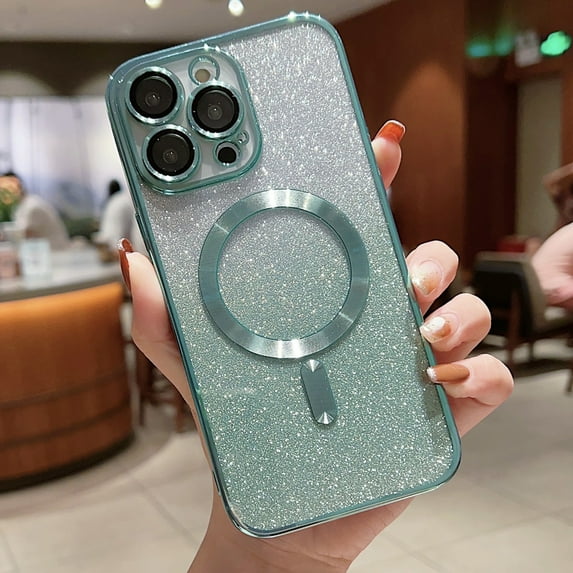 Dteck for Apple iPhone 14 Pro Max Case Compatible with MagSafe Cute Luxury Glitter Plating Silicone Soft Cover for Women Girl Bling Sparkly Clear Protective Phone Case,Lightgreen