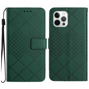 Dteck for Apple iPhone 14 Pro Max Magnetic Case, Premium PU Leather Folio Flip Wallet Case with Card Holder Cash Slot Lanyard Strap Kickstand Function Embossed Pattern Slim Shockproof Cover, green