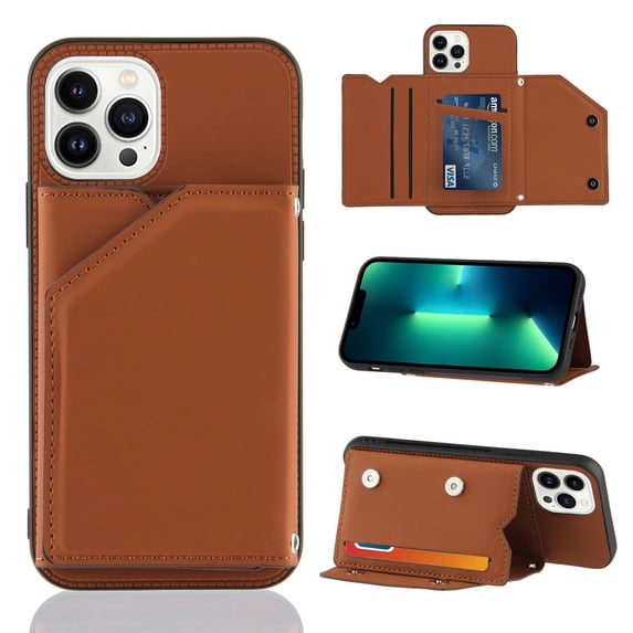 Dteck for Apple iPhone 14 Pro Max Wallet Case with Card Holder, PU Leather Kickstand Card Slots Case, Double Magnetic Clasp and Durable Shockproof Cover 6.7 Inch, Brown