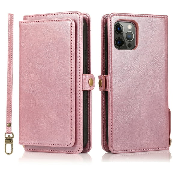 Dteck for Apple iPhone 14 Pro Max Wallet Case with Card Holder, Shockproof PU Leather for Women Men,Detachable Magnetic Flip Cover Wallet Phone Case with Wrist Strap, Rosegold