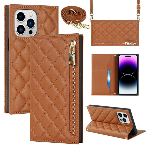 Dteck for Apple iPhone 14 Pro Max Wallet Case, Zipper Shoulder Strap Magnetic PU Leather Flip Folio Case with Card Holders RFID Blocking Kickstand Shockproof TPU Inner Shell Phone Cover, Brown