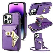 Dteck for Apple iPhone 14 Pro Max Zipper Pocket Case, Flip PU Leather Wallet Crossbody Shoulder Strap Lanyard Case with Credit Card Holder Women RFID Blocking Protective Purse Cover, purple