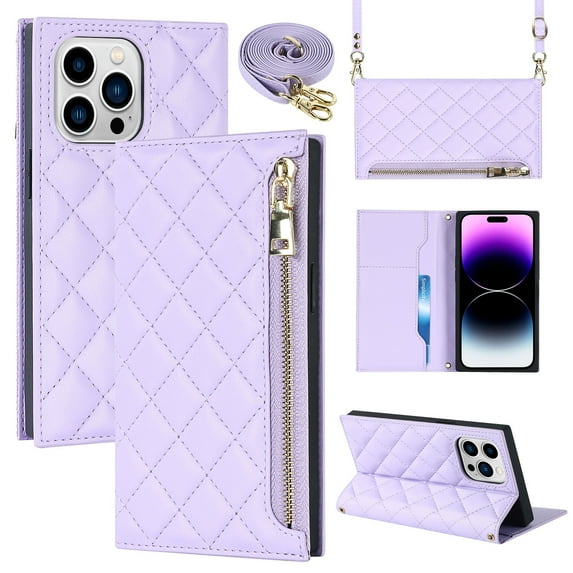 Dteck for Apple iPhone 14 Pro Wallet Case, Zipper Shoulder Strap Magnetic PU Leather Flip Folio Case with Card Holders RFID Blocking Kickstand Shockproof TPU Inner Shell Phone Cover, Purple