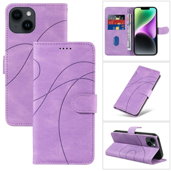 Dteck for Apple iPhone 14 Wallet Case, Premium PU Leather Flip Folio Card Holders Kickstand Book Folding Case with Detachable Wrist Strap Shockproof Protective Cover, purple