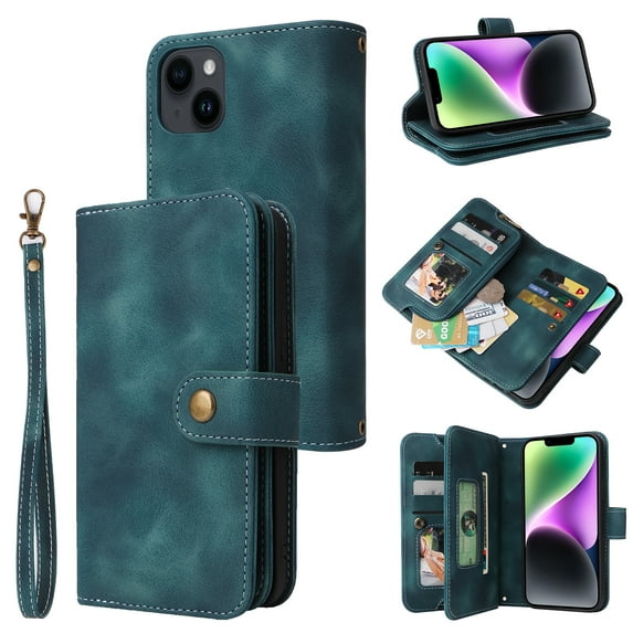 Dteck for Apple iPhone 14 Wallet Case for Women Men, Sturdy PU Leather Case Magnetic Flip Zipper 7 Cards Holder Wristlet & Shoulder Strap Kickstand Phone Case, Blue