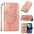 thumbnail image 1 of Dteck for Apple iPhone 14 Wallet Case with Wrist Strap,Butterfly & Flower Embossed PU Leather Magnetic Clasp Flip Kickstand Card Slots Purse Shockproof Phone Cover,Rosegold, 1 of 9