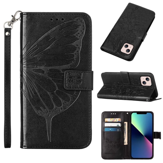 Dteck for Apple iPhone 14 Wallet Case with Wrist Strap,Butterfly & Flower Embossed PU Leather Magnetic Clasp Flip Kickstand Card Slots Purse Shockproof Phone Cover,Black