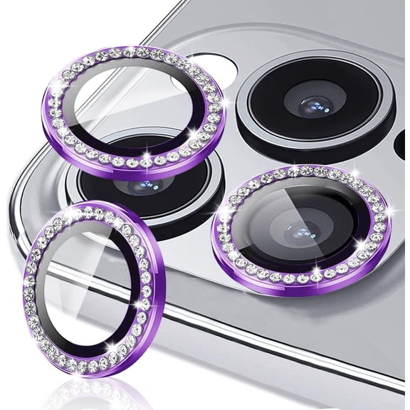 Dteck for Apple iPhone 15 3D Bling Diamond Ring Les Cover, Shockproof Drop Protection 9H Tempered Glass Camera Cover Metal Ring Case Friendly Scratch Resistant Camera Lens Protector, purple