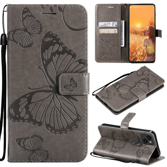 Dteck for Apple iPhone 15 with Card Holder, Shockproof Magnetic Wallet Card Pocket PU Leather Kickstand Women Men Embossed Butterfly Wrist Strap Flip Folio Case, gray