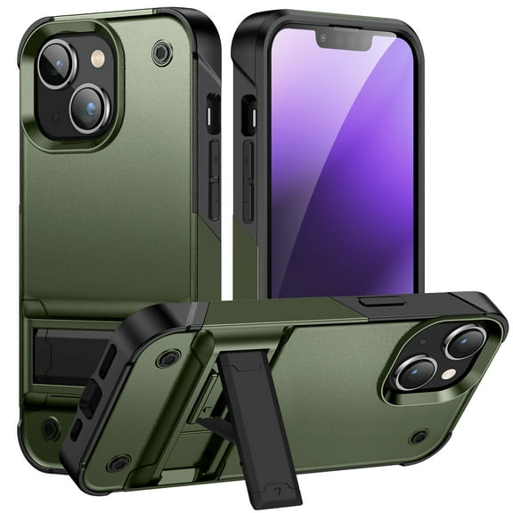 Dteck for Apple iPhone 15 Case, Military-Grade Drop Protection Supports Wireless Charging, Shockproof Heavy Duty Slim Hard Back Cover with Invisible Kickstand Cover, Armygreen