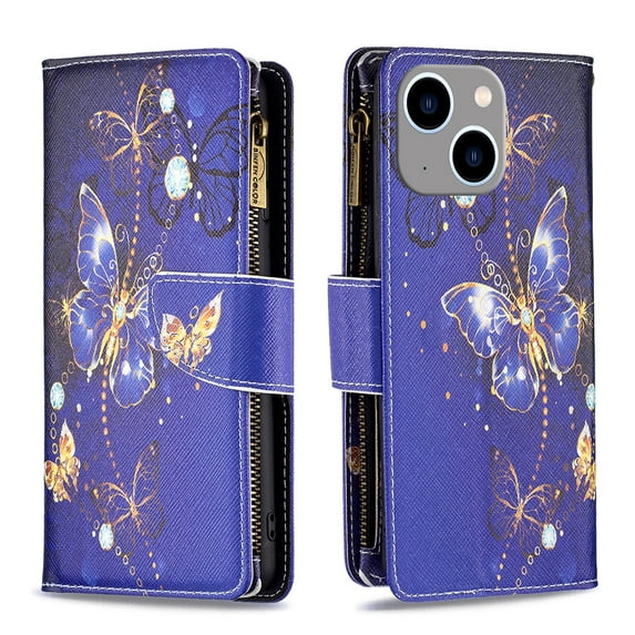 Dteck for Apple iPhone 15 Handbag Pocket Case, Magnetic Patterned Leather Zipper Card Holder Wallet Flip Phone Case Kickstand Shockproof with Hand Strap Cover, Purple Butterfly