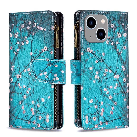 Dteck for Apple iPhone 15 Handbag Pocket Case, Magnetic Patterned Leather Zipper Card Holder Wallet Flip Phone Case Kickstand Shockproof with Hand Strap Cover, Plum Blossom