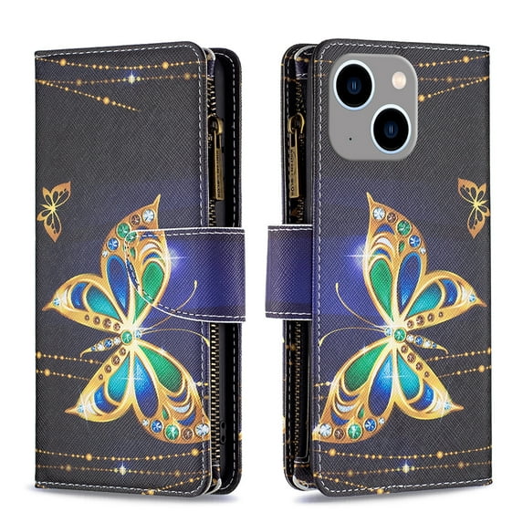 Dteck for Apple iPhone 15 Handbag Pocket Case, Magnetic Patterned Leather Zipper Card Holder Wallet Flip Phone Case Kickstand Shockproof with Hand Strap Cover, Big Butterfly