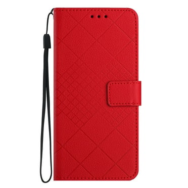 Dteck for Apple iPhone 15 Magnetic Case, Premium PU Leather Folio Flip Wallet Case with Card Holder Cash Slot Lanyard Strap Kickstand Function Embossed Pattern Slim Shockproof Cover, red