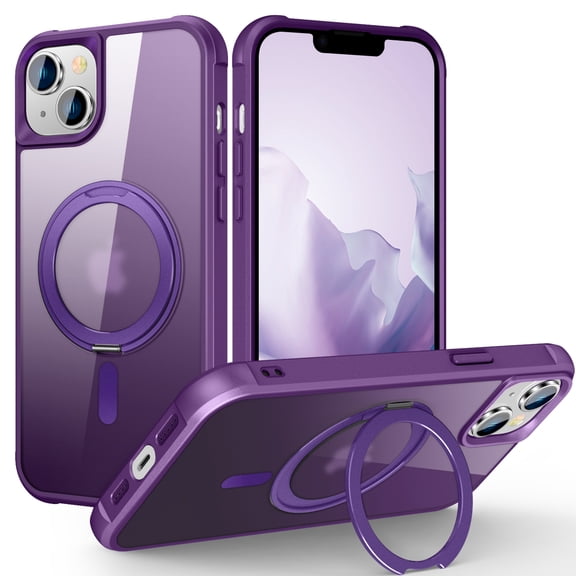 Dteck for Apple iPhone 15 with Magnetic Invisible Stand Military Drop Protection Case, Shockproof Compatible with MagSafe Slim Rugged Matte Ring Holder Holder Phone Case for Men Women, purple